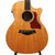 Front body close-up of Taylor 614ce with natural finish, abalone rosette, tortoiseshell pickguard, and cutaway.