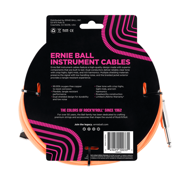 10' Braided Straight / Angle Instrument Cable - Neon Orange