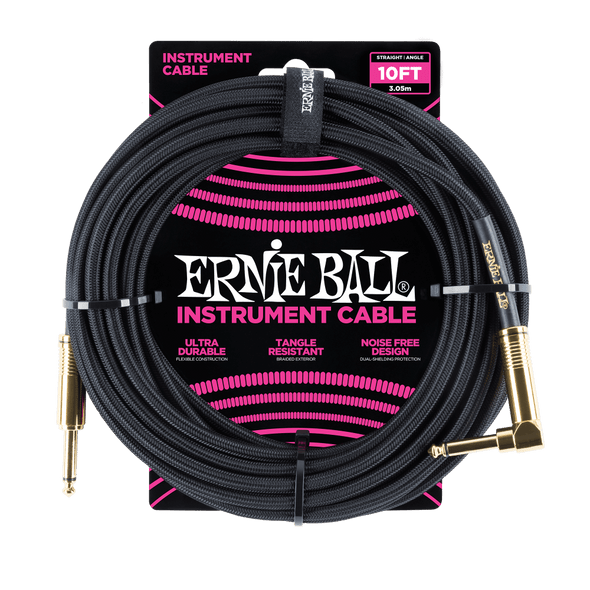 10' Braided Straight / Angle Instrument Cable - Black w/Gold Connectors