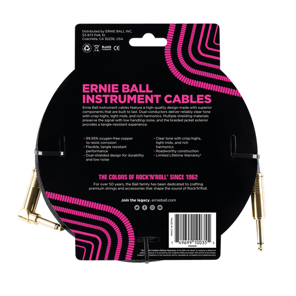 10' Braided Straight / Angle Instrument Cable - Black w/Gold Connectors