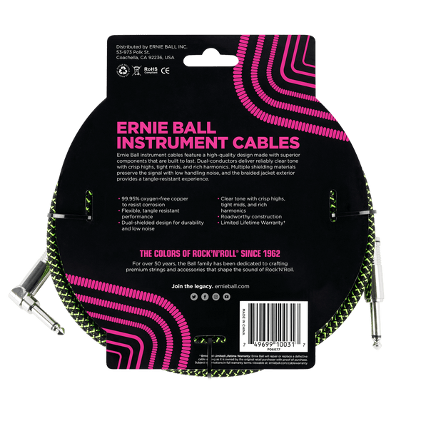 10' Braided Straight / Angle Instrument Cable - Black / Green