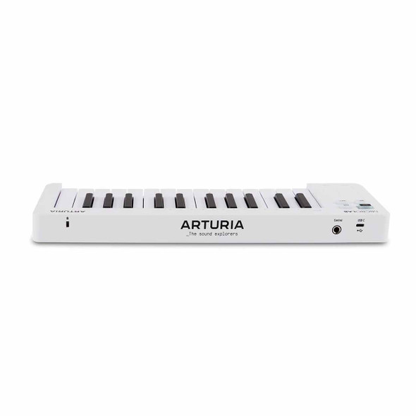 Rear angle view of Arturia MicroLab mk3 25-key MIDI controller in white with USB-C port, control input, touch strips, and compact keyboard. card