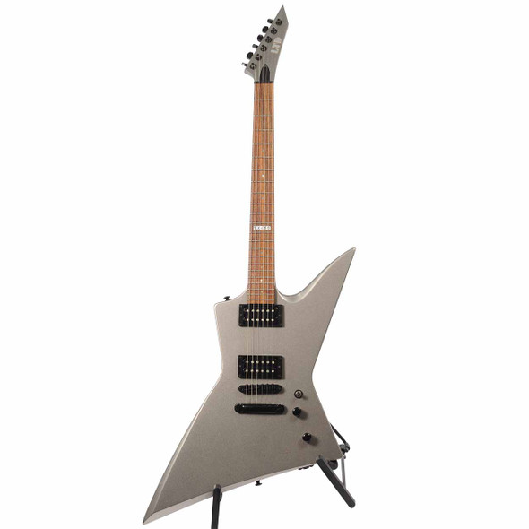 Full front view of ESP LTD EX-50 electric guitar with angular body, metallic silver finish, rosewood-colored fingerboard, and black hardware. card
