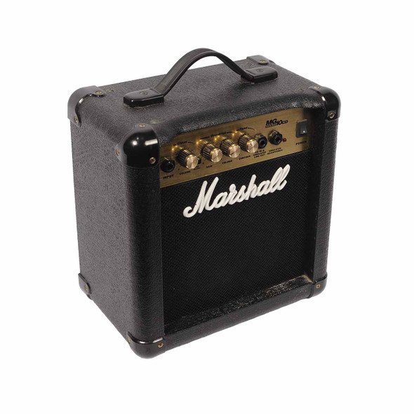 Front-left angled view of the Marshall MG10CD guitar combo amplifier showing the cabinet, control panel, speaker grille, corner protectors, and top handle. card