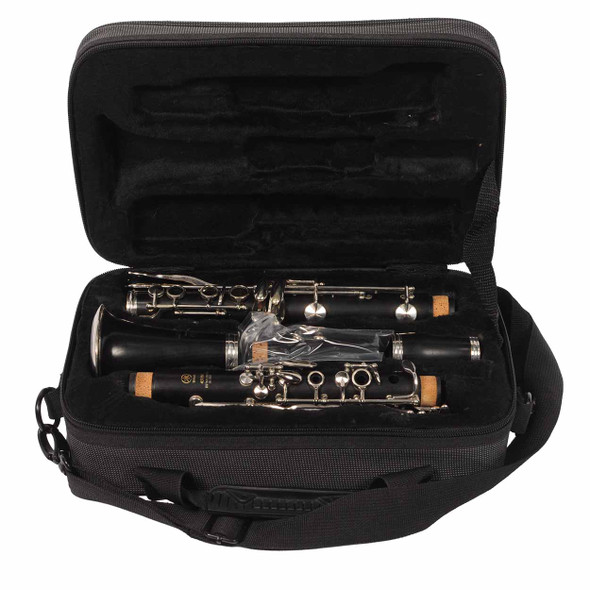 Open Gator clarinet case showing the disassembled Yamaha 450N Bb wooden clarinet and included mouthpiece. card