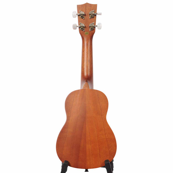 Full rear view of the Kala KA-15S satin mahogany soprano ukulele showing the back, neck, and headstock.