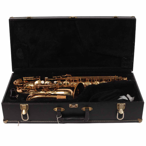 Open black hard case containing the Buffet Crampon Evette alto saxophone, neck, mouthpiece, and a black accessory pouch. card