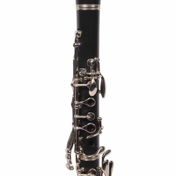 Close-up of the upper joint on a used Selmer Soloist CLSOL300R clarinet highlighting the silver-plated keys and tone holes. card