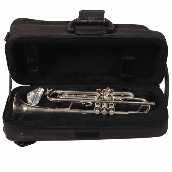 Bach Stradivarius 180S37 trumpet stored inside the padded WolfPak hard case with mouthpiece included. card