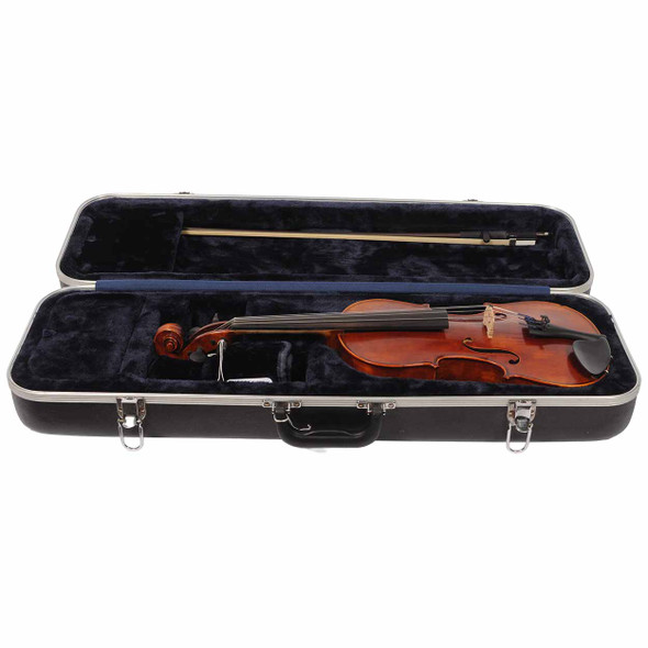 Viola and Glasser bow stored inside a fitted black plush-lined hard case. card