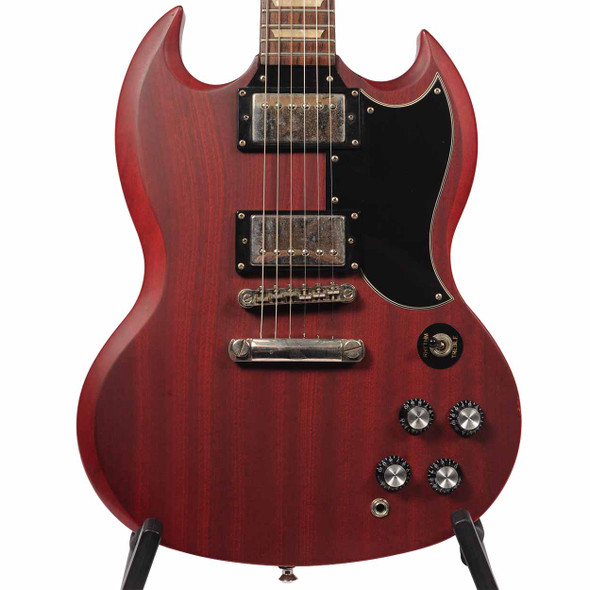 Close-up front view of the 2010 Epiphone SG G-400 Worn Cherry electric guitar showing the dual humbuckers, controls, and bridge.