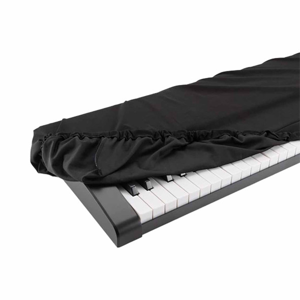 On Stage black keyboard dust cover protecting a full-size digital piano keyboard from dust and debris. card