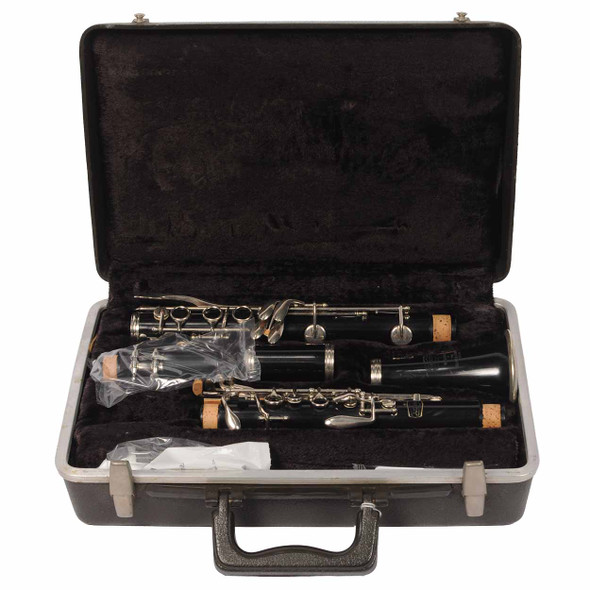 Used Bundy Resonite Bb student clarinet disassembled and stored in the original hard case with mouthpiece and accessories. card