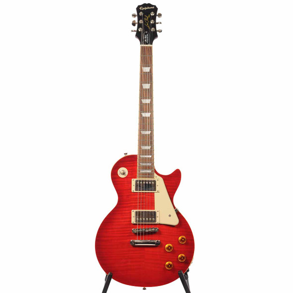 Full front view of the 2019 Epiphone Les Paul Standard Pro electric guitar in Transparent Cherry Red. card