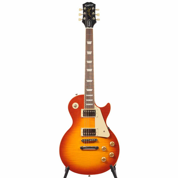 Full front view of an Epiphone Les Paul Standard 50s Figured electric guitar with Washed Cherry Sunburst finish, dual humbuckers, cream pickguard and binding, and trapezoid fretboard inlays. card