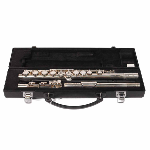 Open Yamaha hard case with the disassembled Yamaha YFL-221 silver-plated student flute stored inside. card