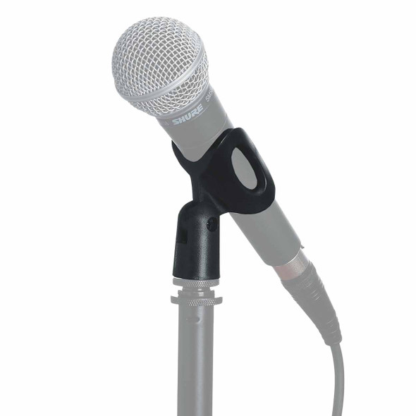 Gator Frameworks handheld microphone clip holding a Shure SM58 microphone on a standard mic stand. card