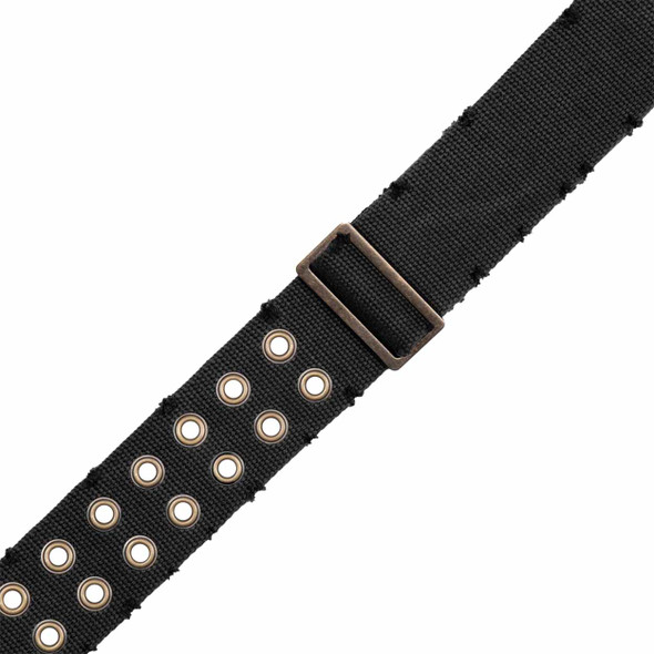 Close-up of the adjustable antique brass slider on a Levy's black cotton guitar strap with decorative eyelets. card