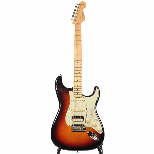 Full front view of Fender 2019 American Professional Stratocaster HSS Shawbucker electric guitar in 3-Color Sunburst with maple neck. card