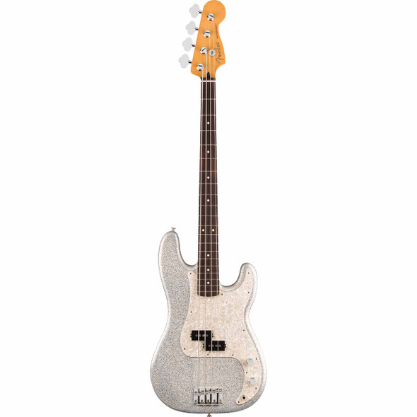 Full front view of the Fender Precision Bass electric bass guitar in Silver Sparkle finish with a rosewood fingerboard and pearloid pickguard. card