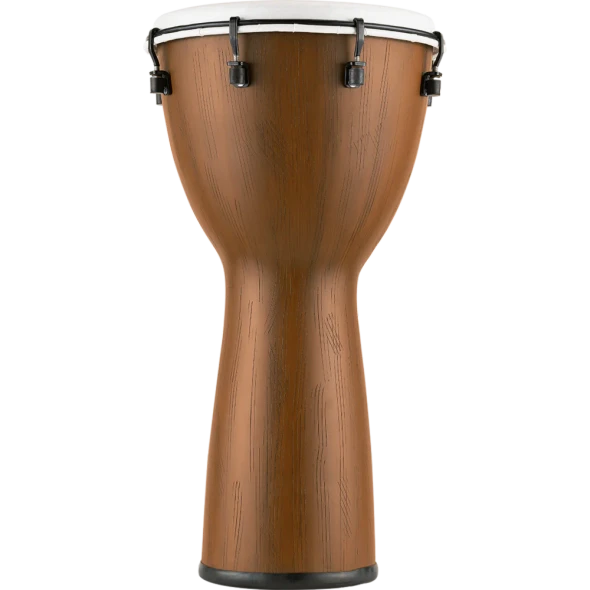 Front view of a Meinl woodgrain-finish djembe with synthetic drumhead and black tuning hardware. card