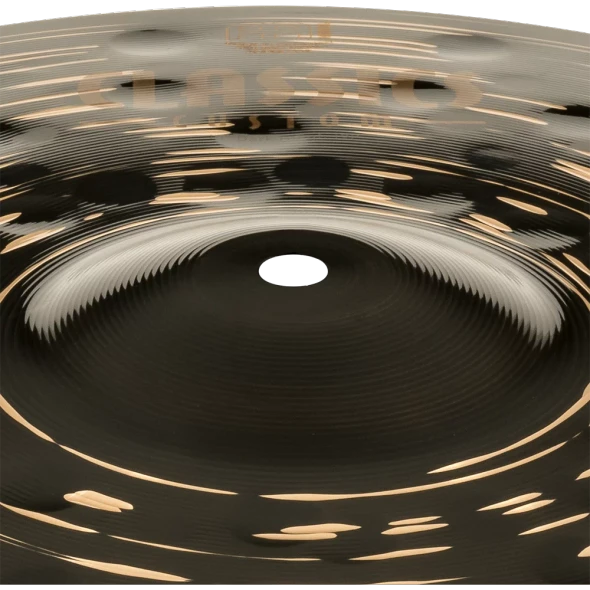 Close-up of the bell and lathed playing surface on a Meinl Classics Custom Dark hi-hat cymbal. card