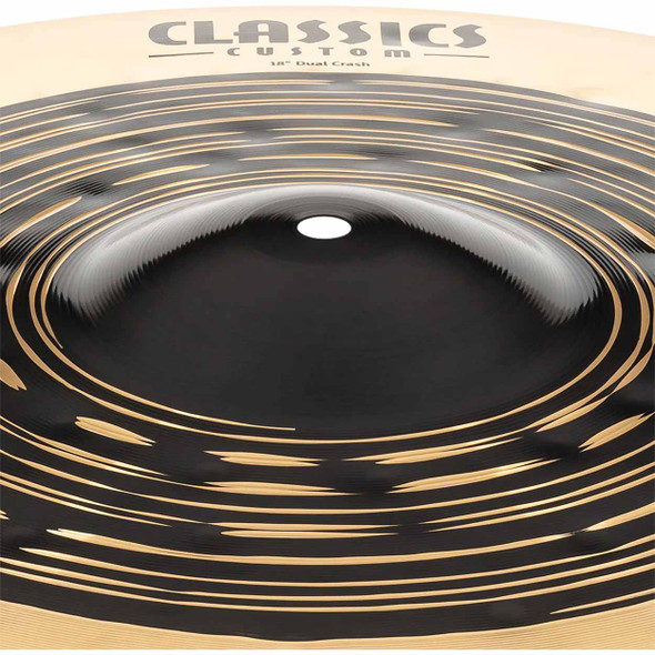 Close-up of the bell and dual-finish playing surface on the Meinl Classics Custom Dual 18-inch crash cymbal. card