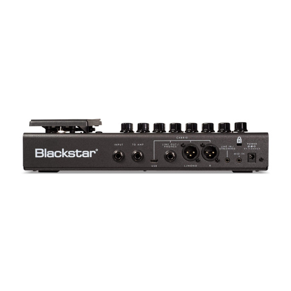 Rear panel of the Blackstar ID:X Floor Two guitar multi-effects processor showing input, output, USB, MIDI, XLR, and power connections. card