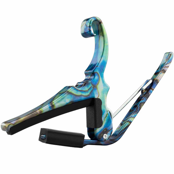 Opposite side view of the Kyser KG6ABA Quick-Change capo in Abalone finish for 6-string guitars. card