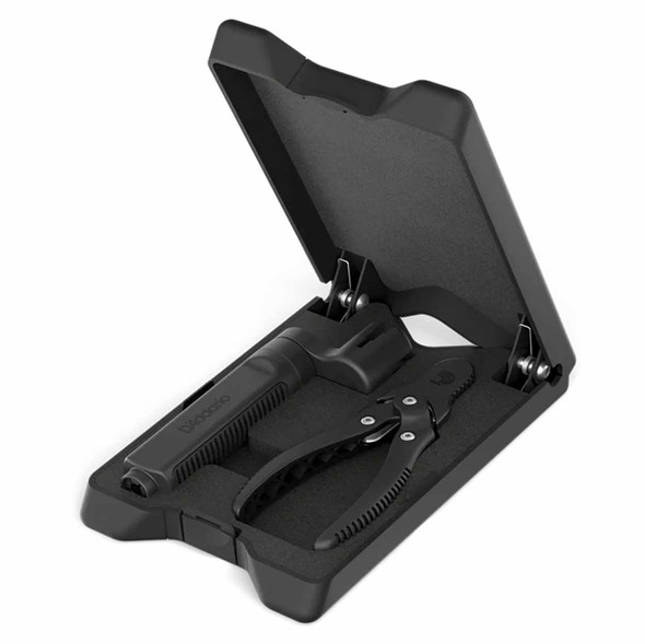 D'Addario Tour-Grade String Changing Kit in an open protective case with a string winder, bridge pin puller, and string cutter. card
