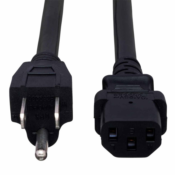 Close-up of the Hosa PWC-140 power cord showing the NEMA 5-15P plug and IEC C13 connector. card