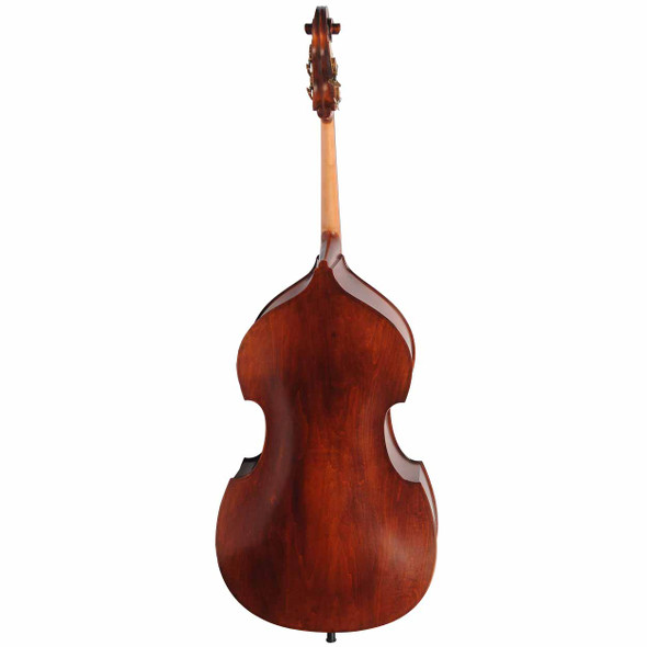 Full rear view of the Samuel Eastman VB95GR 3/4 upright bass showing the flamed maple back and neck. card