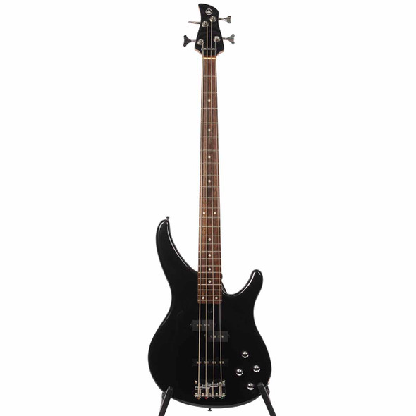 Full front view of the Yamaha TRBX204 4-string bass guitar in Galaxy Black. card