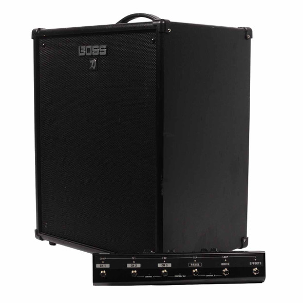 Angled front view of the Boss Katana KTN210B bass amplifier with the included GA-FC foot controller. card