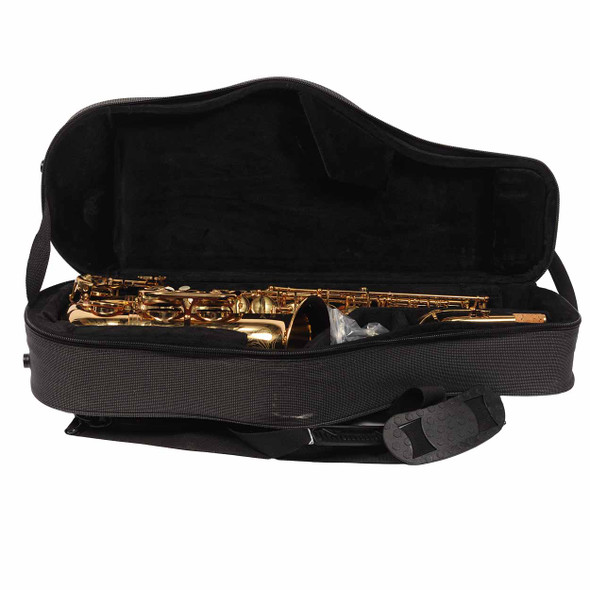 Selmer Soloist alto saxophone disassembled in an open black Gator case. card