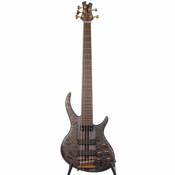 Full front view of Tobias Classic V 5-string electric bass in transparent black satin with gold hardware. card