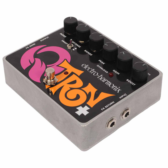 Angled front view of Electro-Harmonix Q-Tron Plus pedal showing the six controls, footswitch, sweep switch, and input and FX return jacks. card