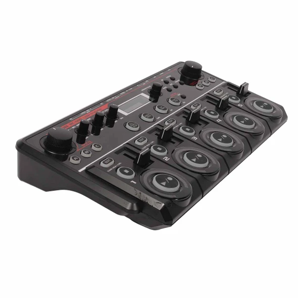 Angled view of BOSS RC-505 Loop Station showing five track controls and tabletop control layout. card