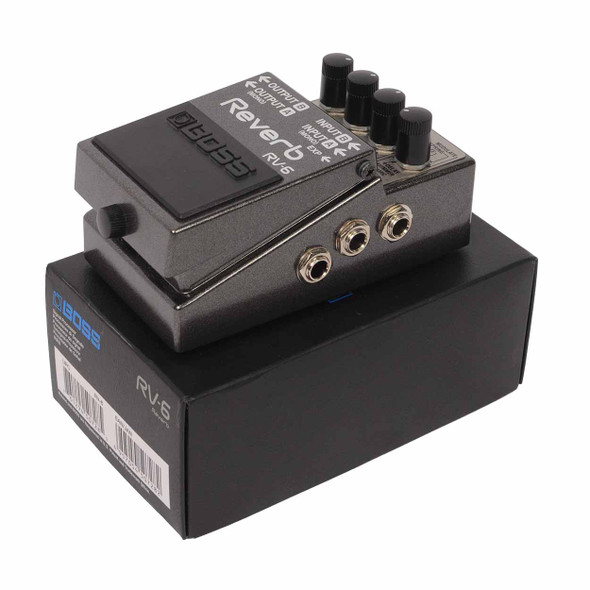 BOSS RV-6 Reverb pedal displayed with its original box, showing the input and expression jacks, footswitch, and control layout. card