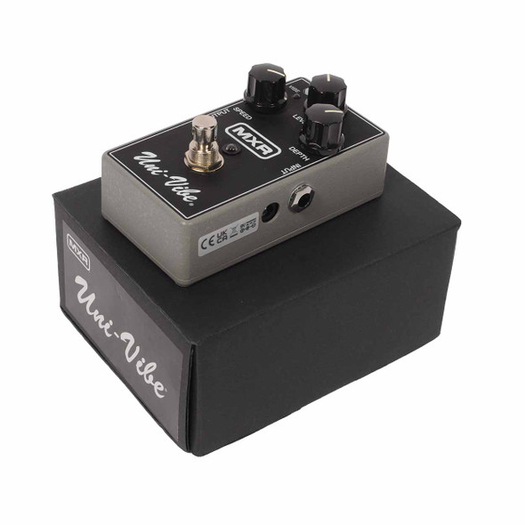 MXR M68 Uni-Vibe chorus/vibrato pedal with original box, showing input and power connections. card
