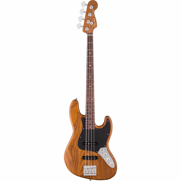 Full front view of Fender American Ultra II Jazz Bass with natural finish, rosewood fingerboard, black pickguard, and chrome hardware. card