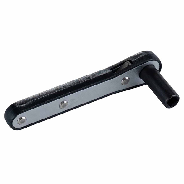 Angled underside view of Ludwig ratchet drum key showing the handle, socket, metal faceplate, and ratcheting mechanism. card