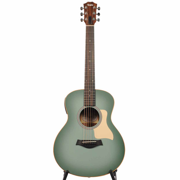 Full front view of Taylor GS Mini-e acoustic-electric guitar with Vintage Teal Burst finish, natural binding, and dot fretboard inlays. card