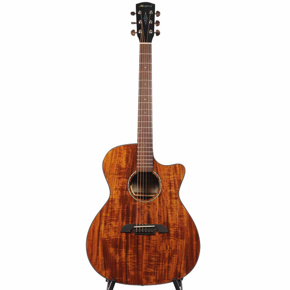 Full front view of Alvarez RG99KCE-ELITE Grand Auditorium acoustic-electric guitar with figured koa body and cutaway. card