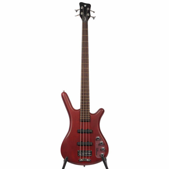Full front view of the Warwick RockBass Corvette Basic 4-string bass with burgundy red body, dark fingerboard, black headstock, and chrome hardware. card