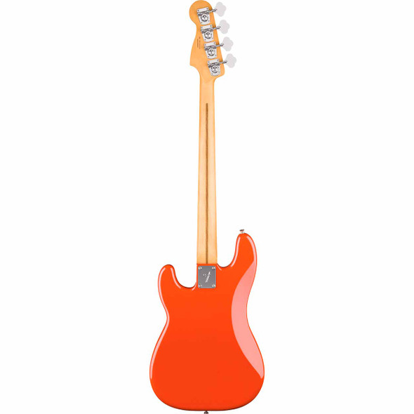 Rear view of Fender Player II Precision Bass in Rallye Red with maple neck and chrome open-gear tuners. card