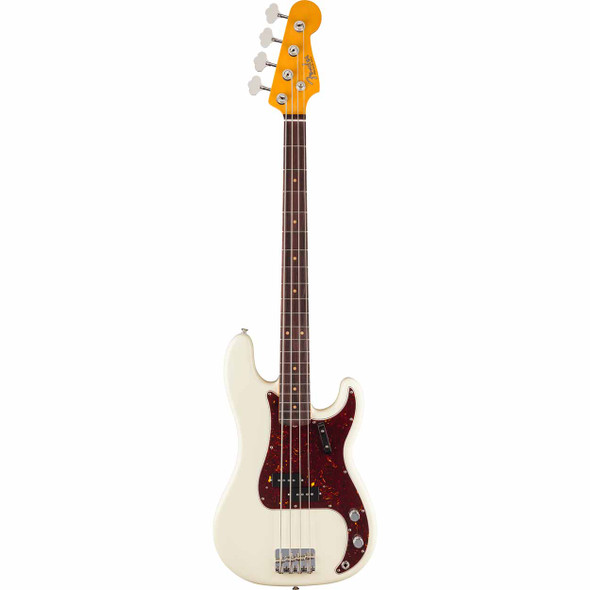 Full front view of Fender Precision Bass with white body, tortoiseshell pickguard, rosewood fingerboard, and maple headstock. card