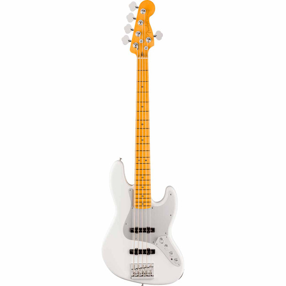 Full front view of white Fender five-string Jazz Bass with maple fingerboard, silver pickguard, dual pickups, and chrome hardware. card