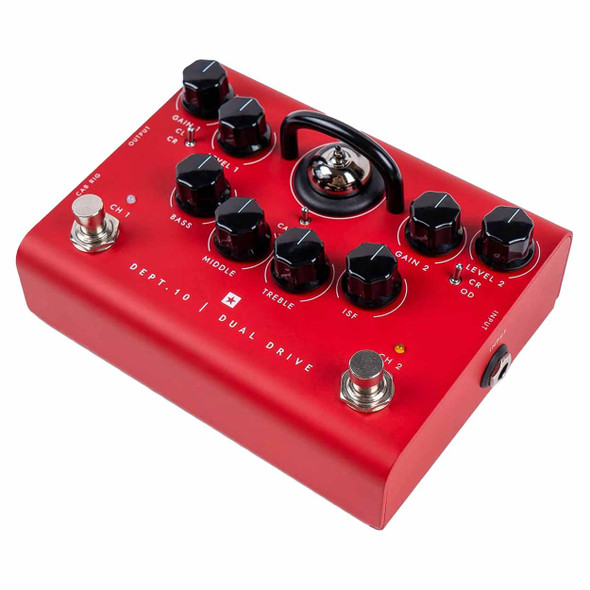 Angled view of Blackstar Dept. 10 Dual Drive red guitar pedal showing controls, dual footswitches, tube, and side input jack. card