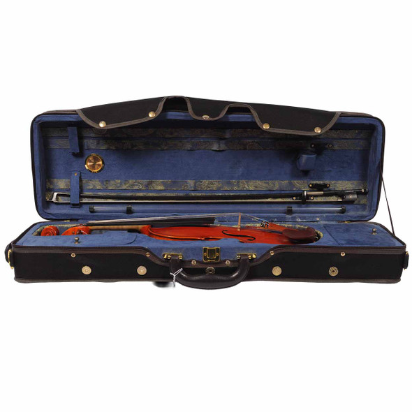 Open Eastman violin case with blue interior containing the violin and two bows secured inside the lid. card